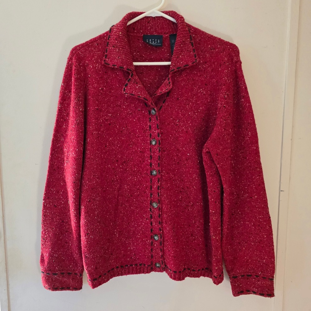 Vintage Crazy Horse Womens Cardigan Sweater Size XL Red Marl Knit Whipstitch